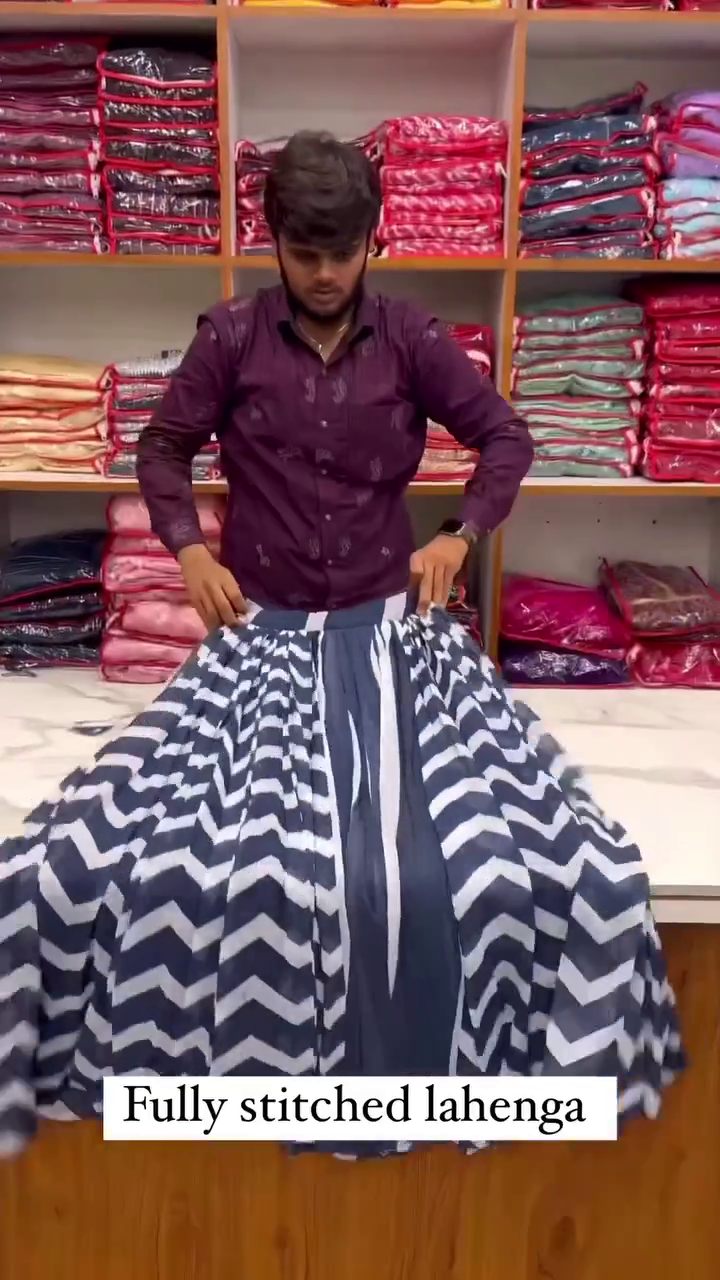 Fully Stitched Navy Blue and White Chevron Pattern Lahenga with Matching Blouse and Dupatta – Ready to Wear Ethnic Party Wear Outfit