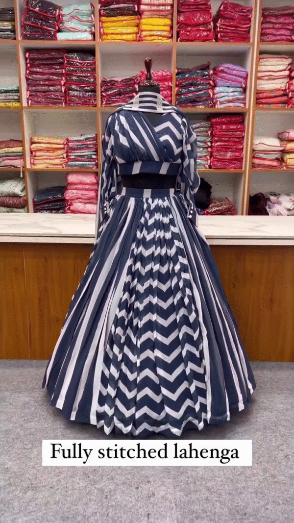 Fully Stitched Navy Blue and White Chevron Pattern Lahenga with Matching Blouse and Dupatta – Ready to Wear Ethnic Party Wear Outfit