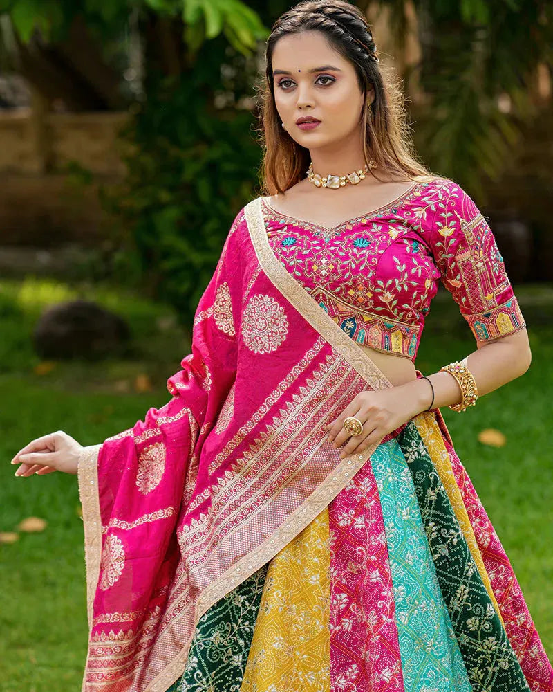Multi Color Embroidered Satin Silk Lehenga Choli