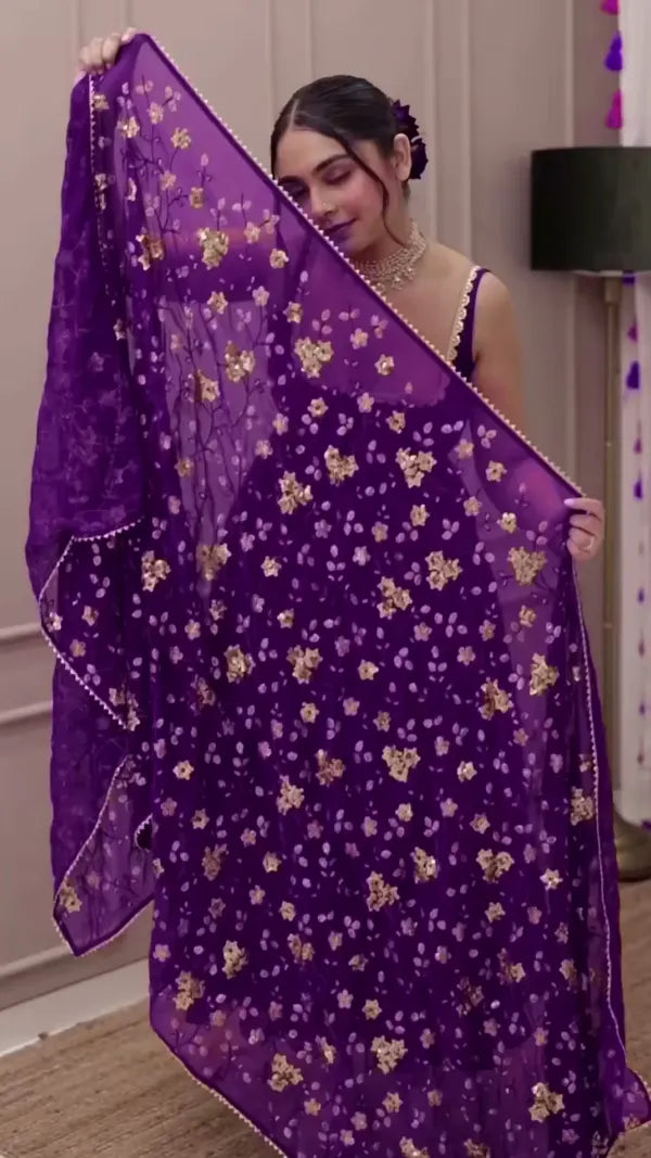 heavy purple anarkali set with embroidered dupatta