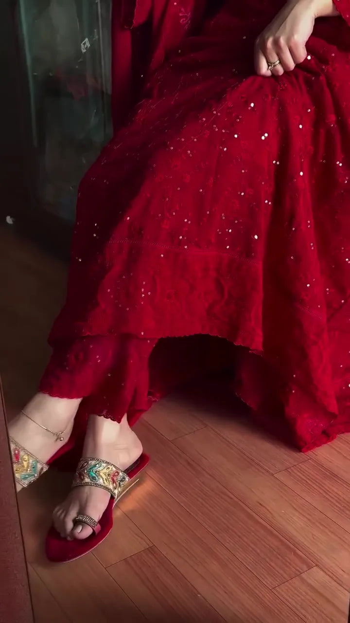 Red Sequin Embellished Kurta Palazzo Set