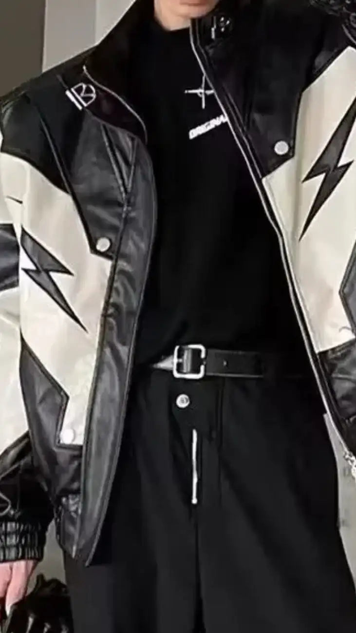 Bold Black & Silver Leather Jacket with Lightning Detail