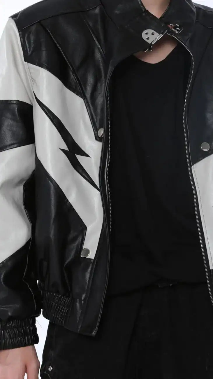 Bold Black & Silver Leather Jacket with Lightning Detail