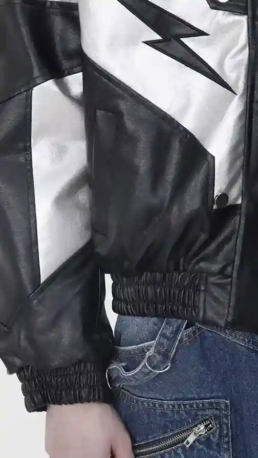 Bold Black & Silver Leather Jacket with Lightning Detail
