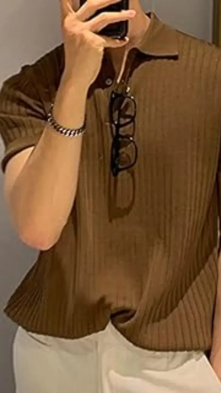 Men’s Ribbed Brown Knit T-Shirt with White Trousers