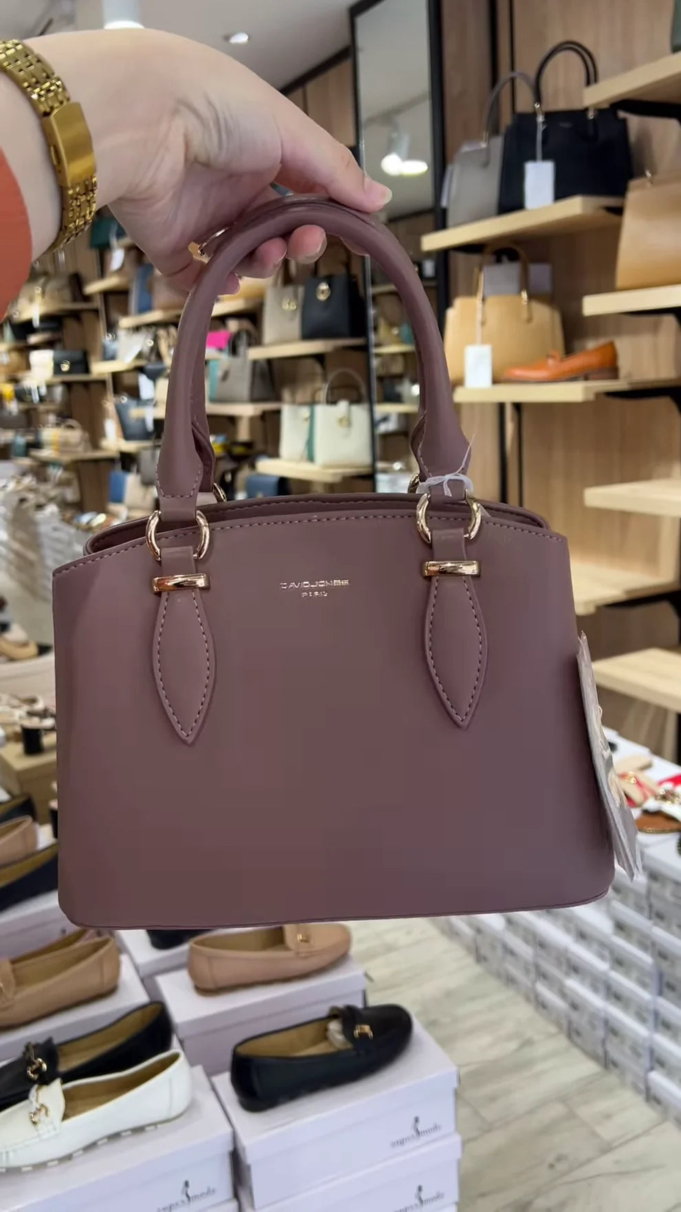 Elegant Structured Top Handle Satchel Handbag in Taupe with Gold-Tone Hardware