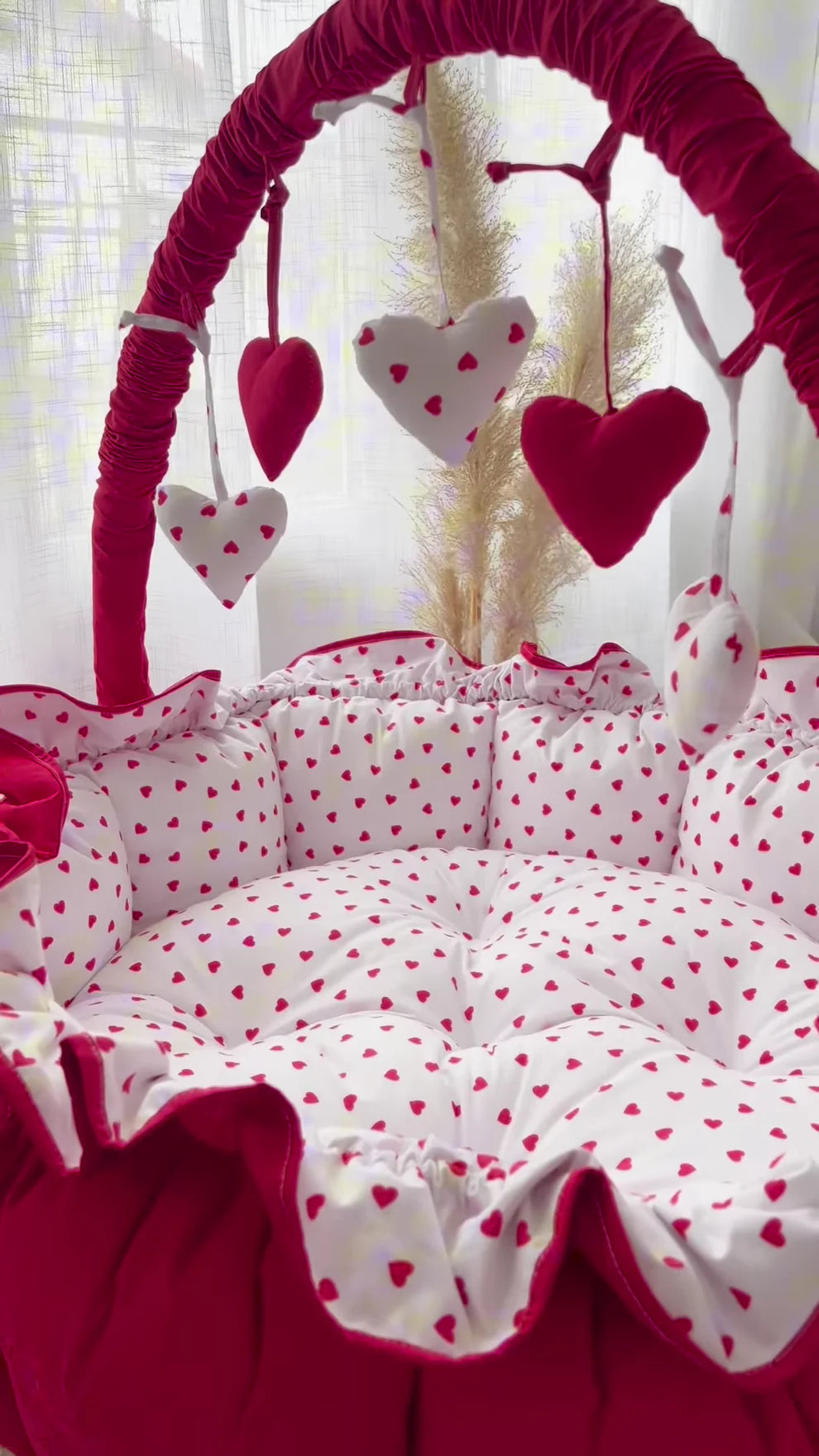 Cozy Baby Bassinet with Heart Print and Hanging Heart Mobiles