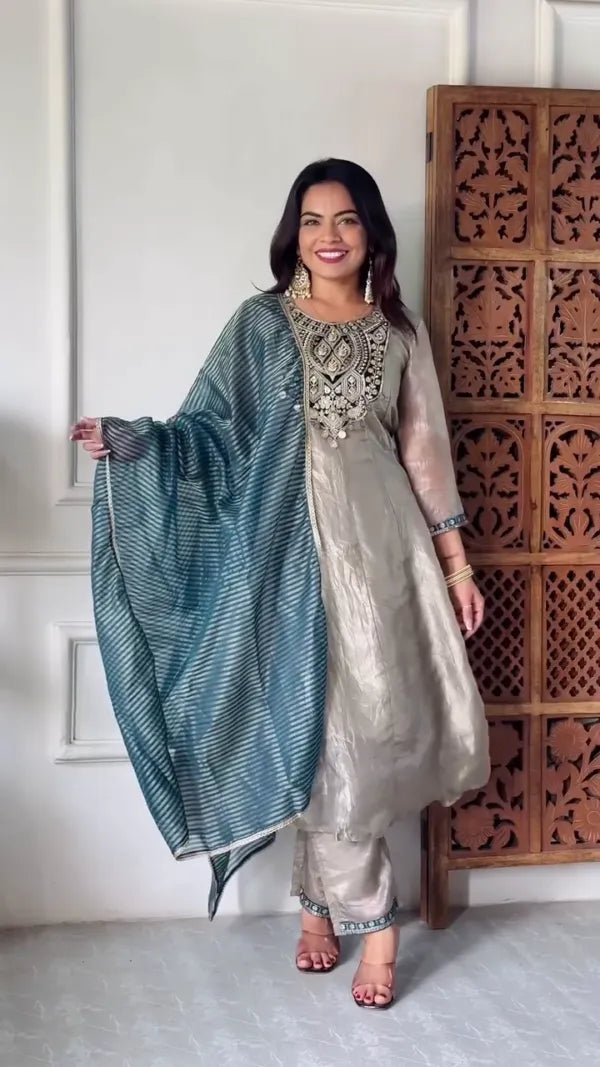 Elegant Embroidered Anarkali with Teal and Pink Dupatta and Intricate Detailing