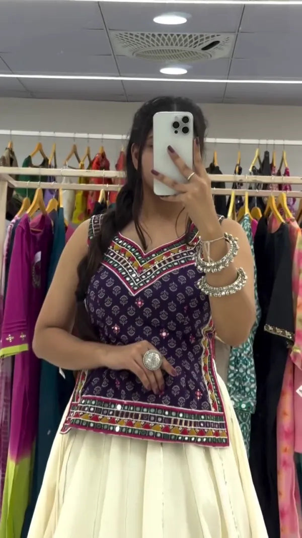 Elegant Mirror Work Crop Top with Flowy Cream Lehenga – Ideal for Festive & Wedding Celebrations