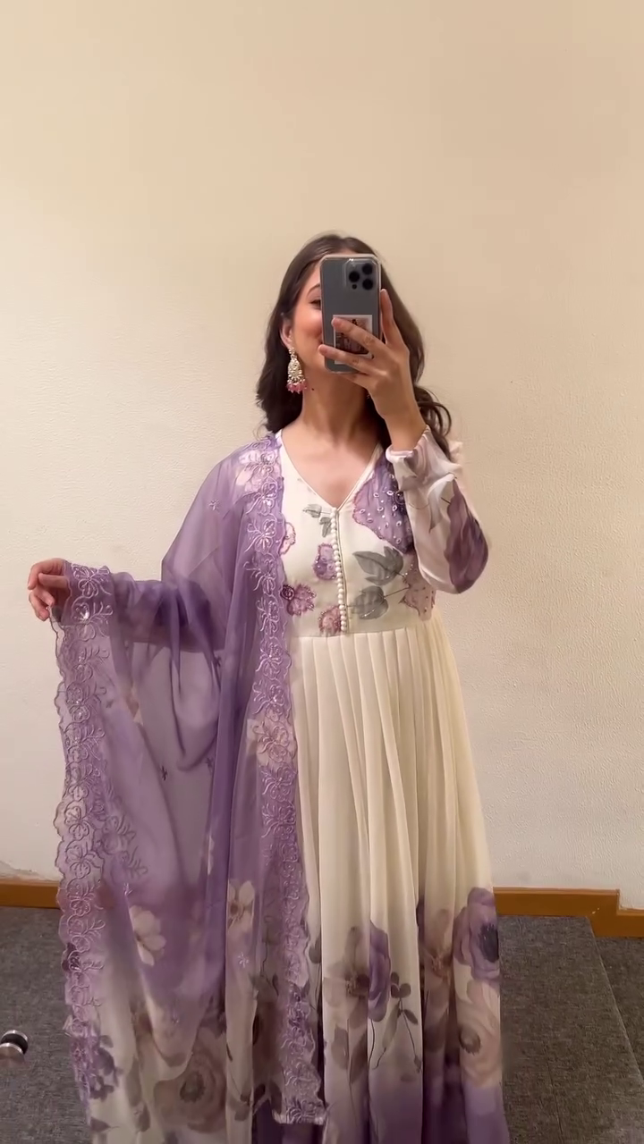 Off-White and Lavender Floral Printed Anarkali Suit Set for Women Featuring Pearl Button Detailing, Full Sleeves, and a Soft Net Dupatta with Lace Border