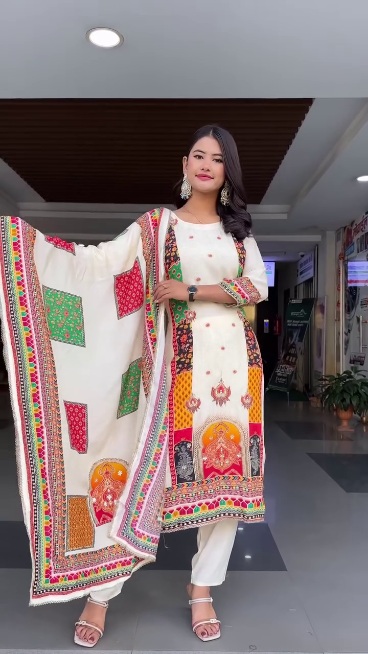 Off-White Traditional Indian Salwar Kameez Suit Set with Colorful Multicolor Embroidered Printed Dupatta and Artistic Ethnic Motifs – Perfect for Festive, Casual, or Cultural Occasions