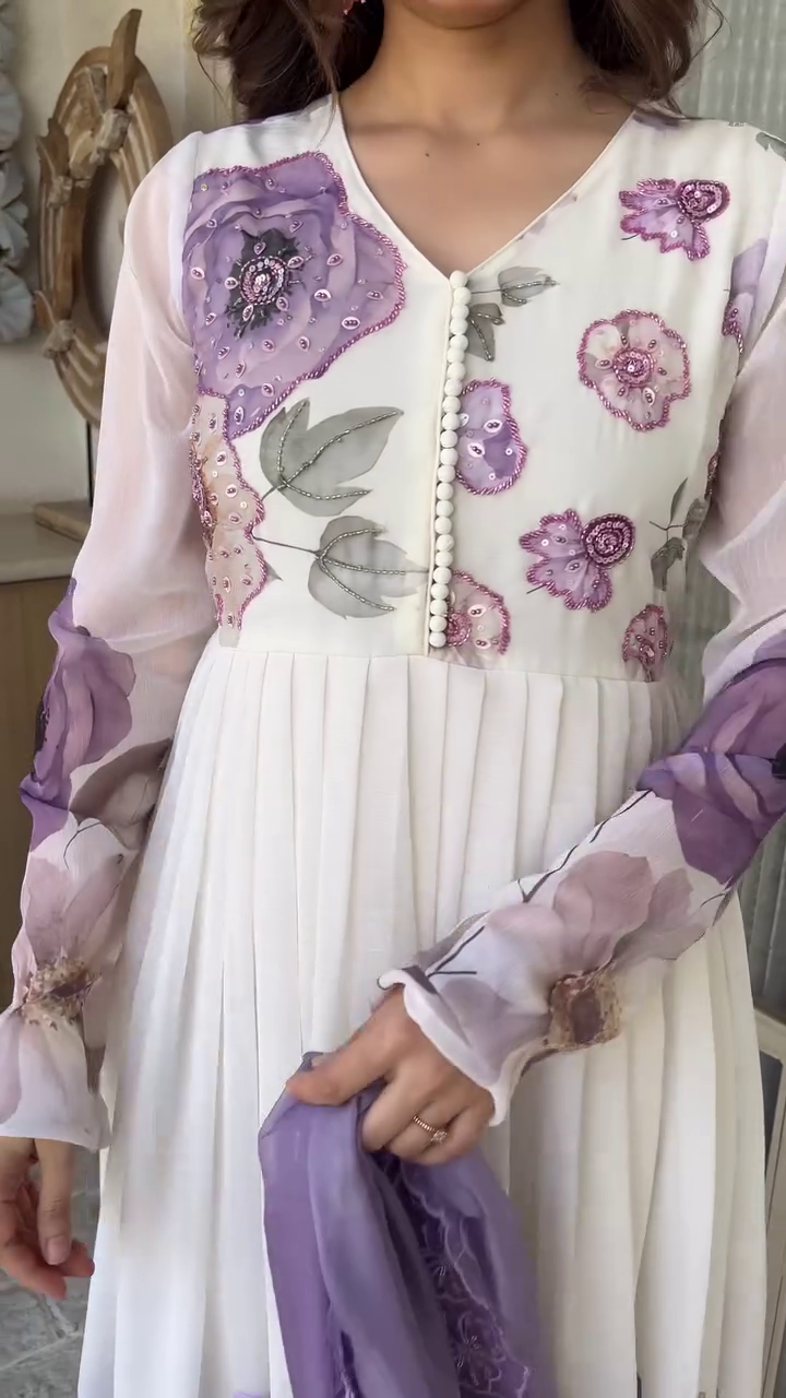 Off-White and Lavender Floral Printed Anarkali Suit Set for Women Featuring Pearl Button Detailing, Full Sleeves, and a Soft Net Dupatta with Lace Border