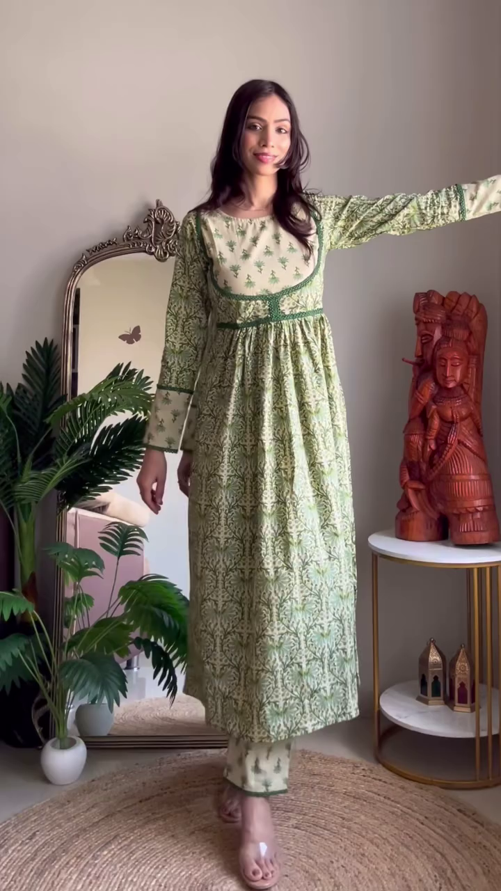 Summer Multi Shade Printed Cotton Anarkali Kurta Set with Floral and Mughal-Inspired Patterns, Three-Quarter Sleeves, Lace Detailing, and Flowy Silhouette – Perfect for Casual and Festive Wear