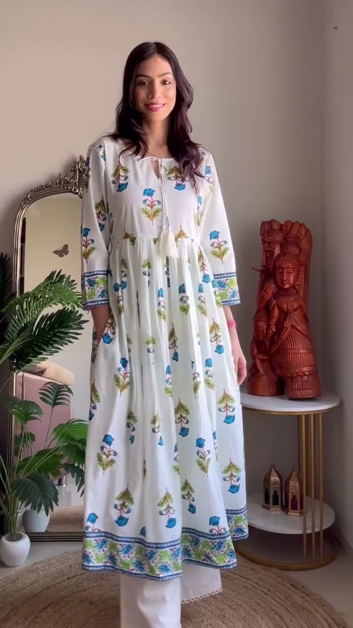 Summer Multi Shade Printed Cotton Anarkali Kurta Set with Floral and Mughal-Inspired Patterns, Three-Quarter Sleeves, Lace Detailing, and Flowy Silhouette – Perfect for Casual and Festive Wear