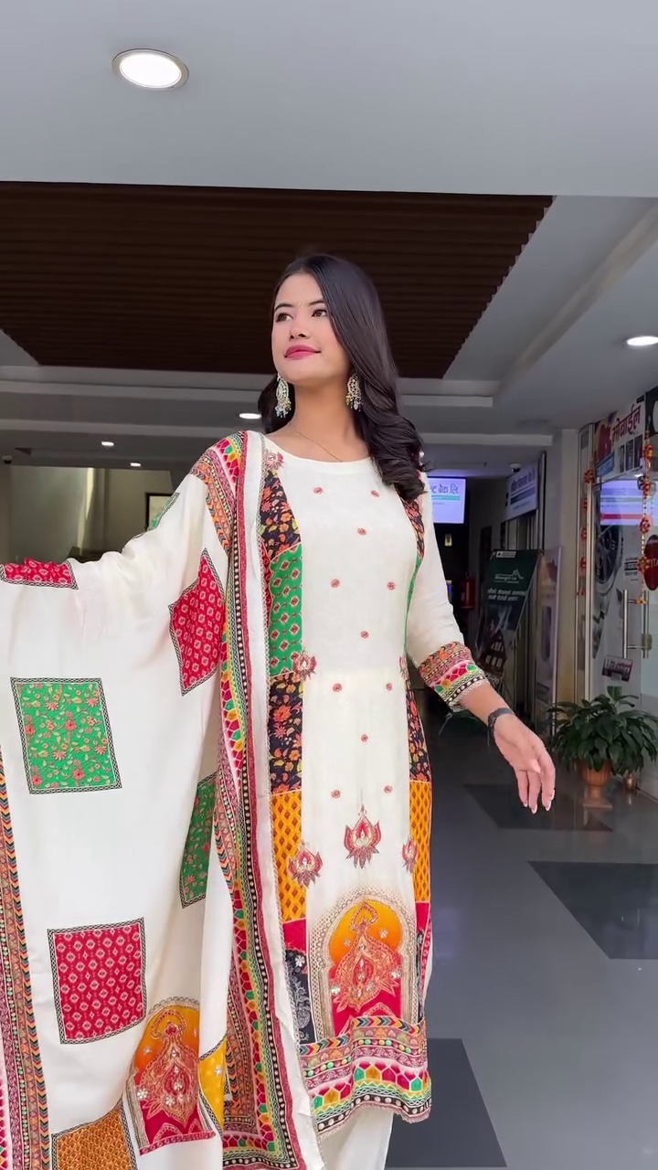 Off-White Traditional Indian Salwar Kameez Suit Set with Colorful Multicolor Embroidered Printed Dupatta and Artistic Ethnic Motifs – Perfect for Festive, Casual, or Cultural Occasions
