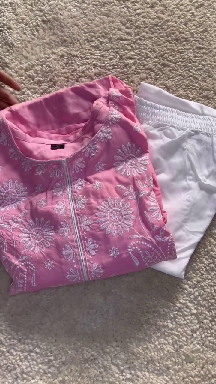 Pink Cotton Chikankari Embroidered Kurta with White Elastic Waist Straight Pant Set for Women