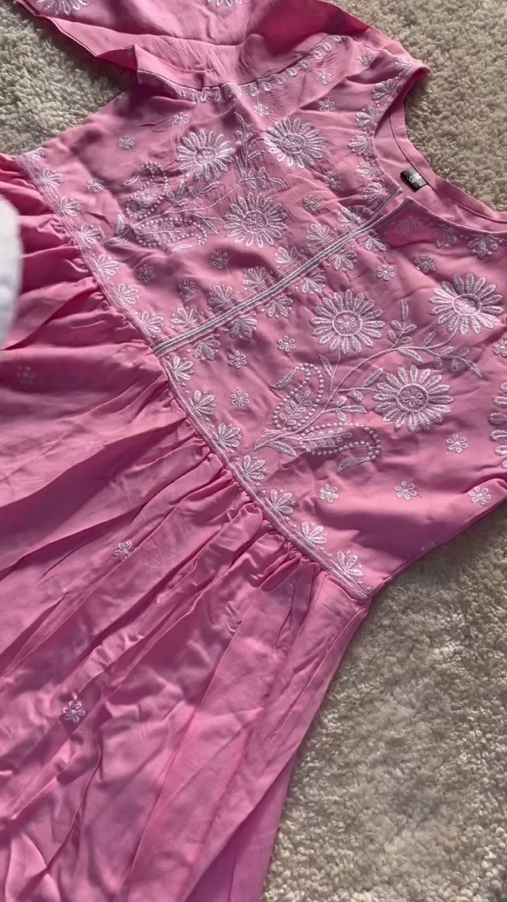 Pink Cotton Chikankari Embroidered Kurta with White Elastic Waist Straight Pant Set for Women
