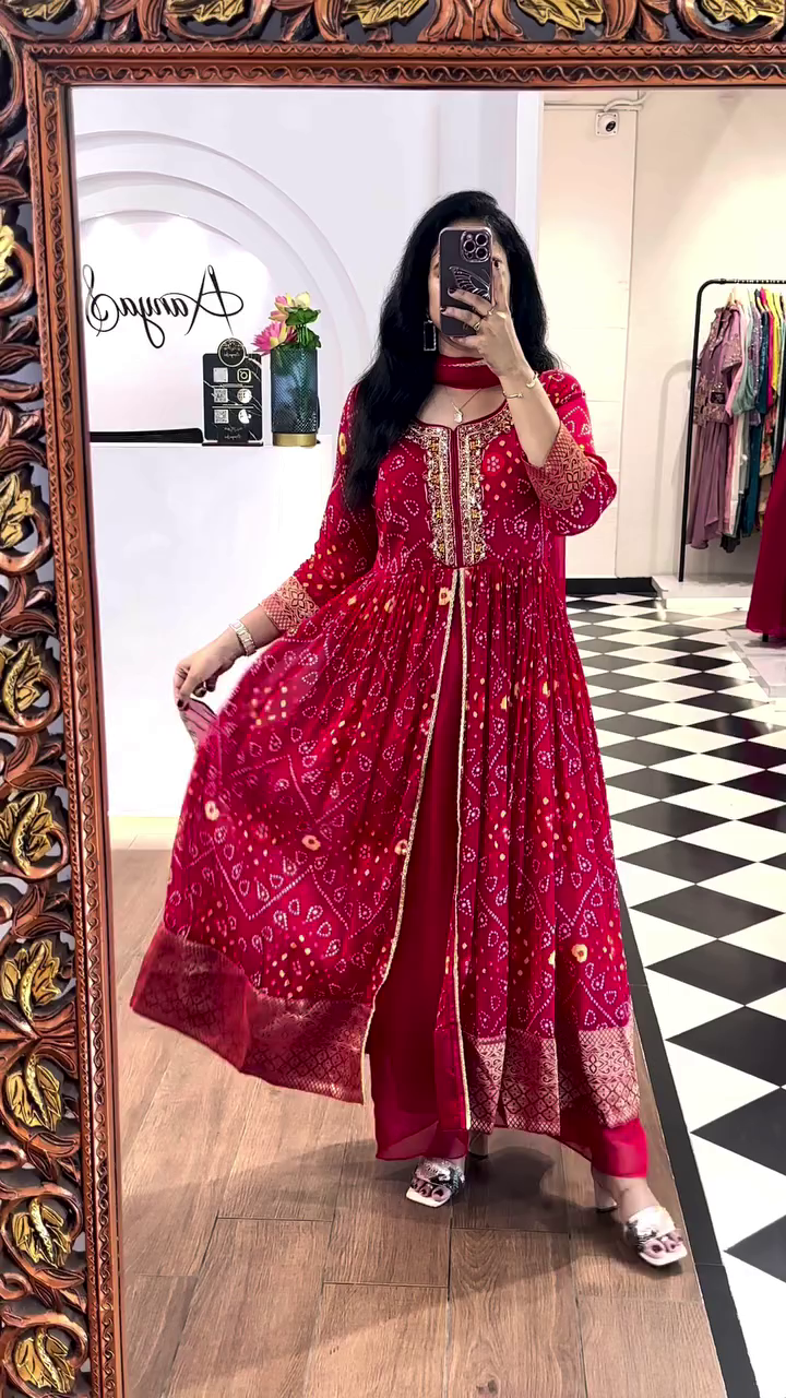 Bandhani Print Anarkali Kurta Set with Heavy Embellished Yoke, Matching Pants and Dupatta in Vibrant Red and Royal Blue Color Variants