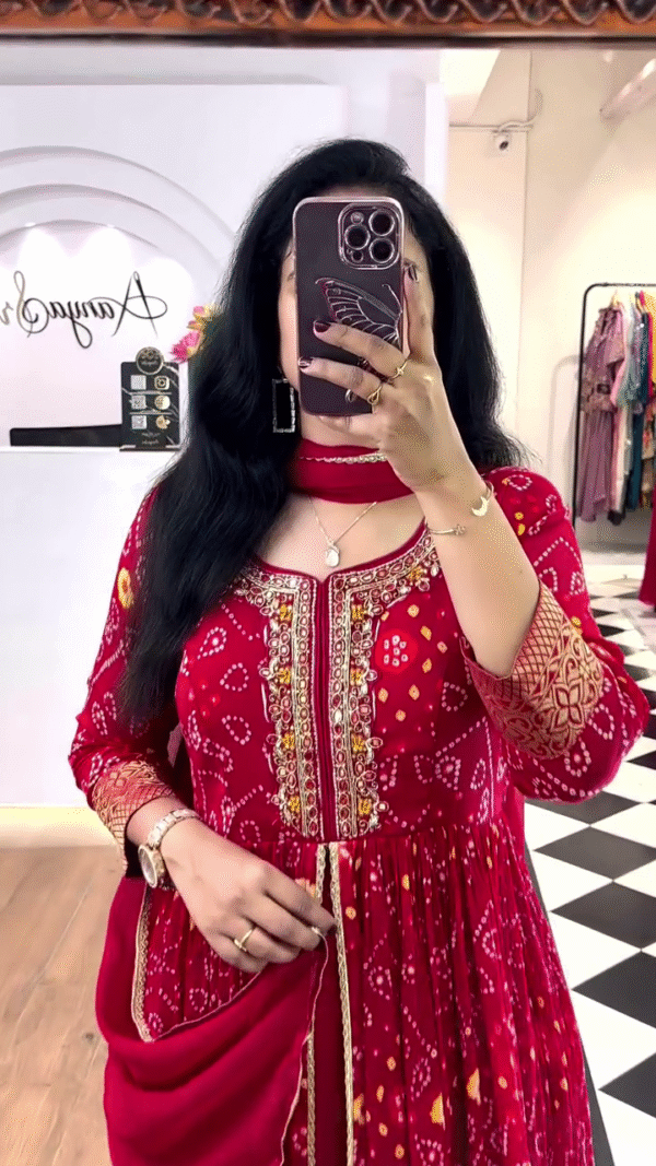 Bandhani Print Anarkali Kurta Set with Heavy Embellished Yoke, Matching Pants and Dupatta in Vibrant Red and Royal Blue Color Variants