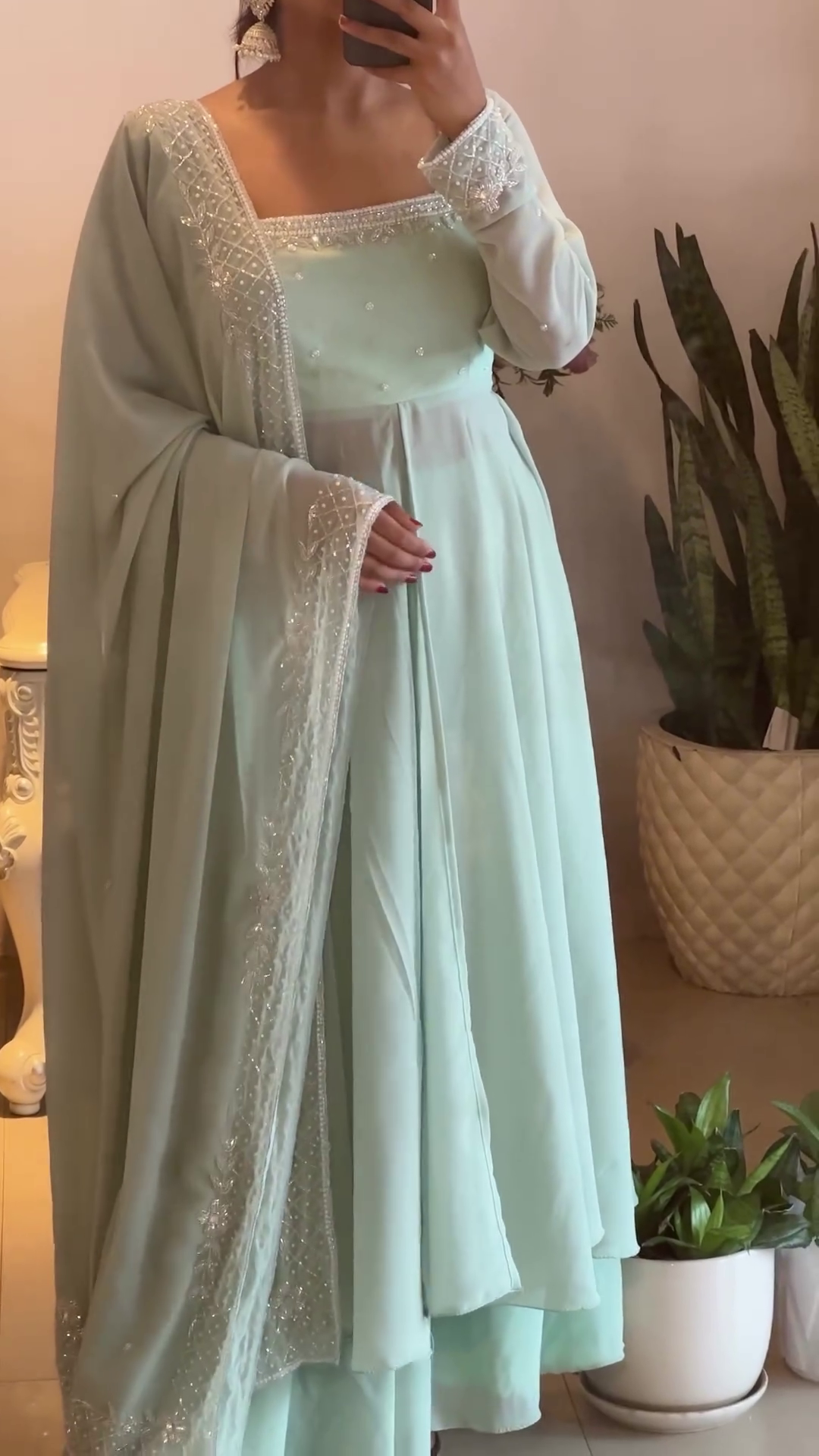 Pastel Mint Green Anarkali Kurta Set Featuring Delicate Pearl Embellishments