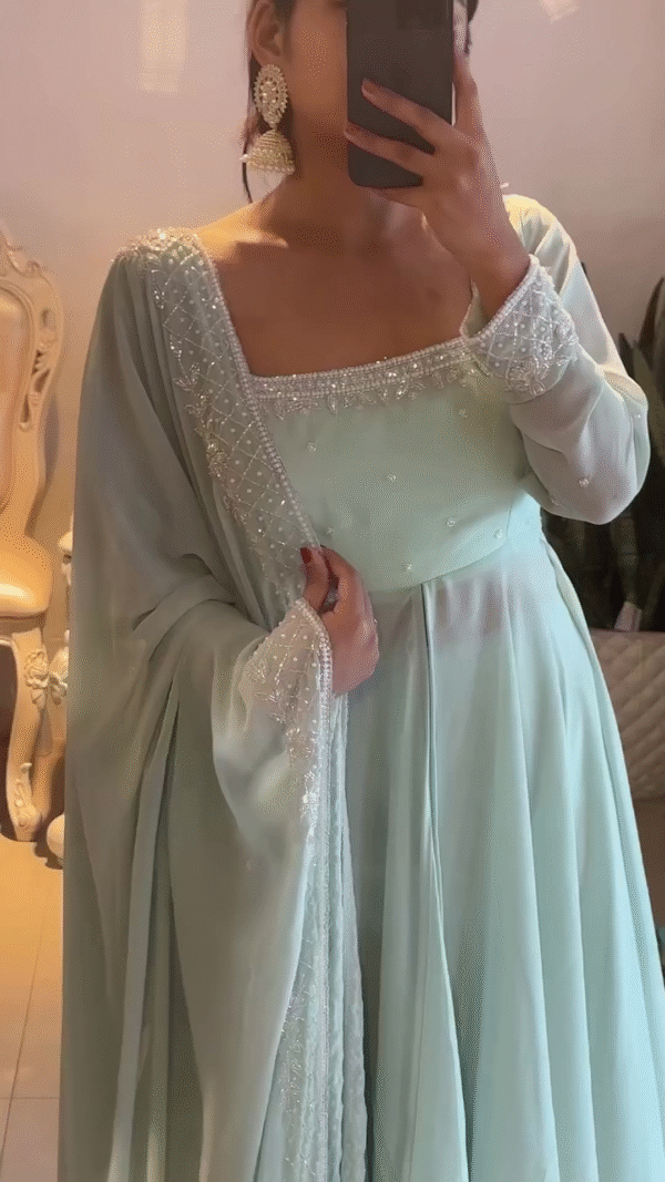 Pastel Mint Green Anarkali Kurta Set Featuring Delicate Pearl Embellishments