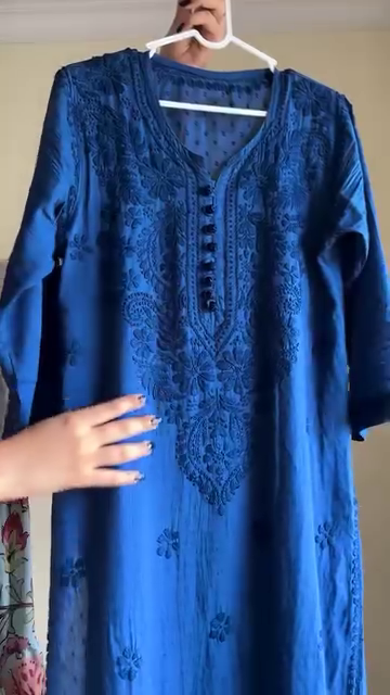 Navy Blue Ethnic Kurti Set with Subtle Embroidery and Printed Leggings Paired