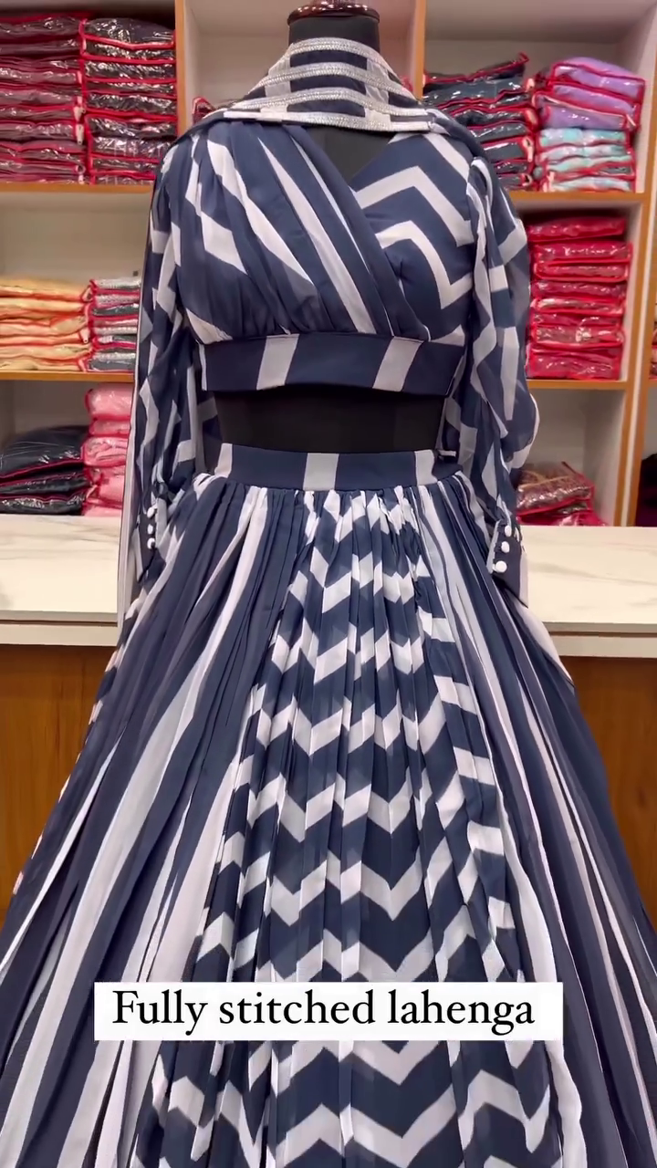 Fully Stitched Navy Blue and White Chevron Pattern Lahenga with Matching Blouse and Dupatta – Ready to Wear Ethnic Party Wear Outfit