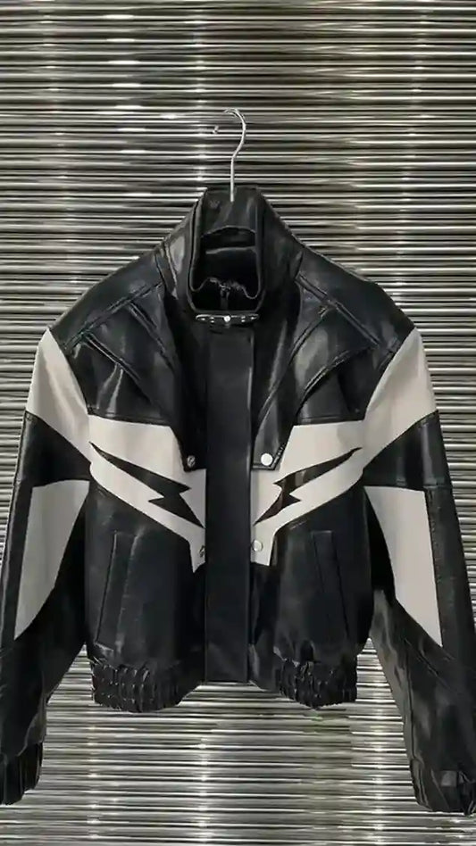 Bold Black & Silver Leather Jacket with Lightning Detail