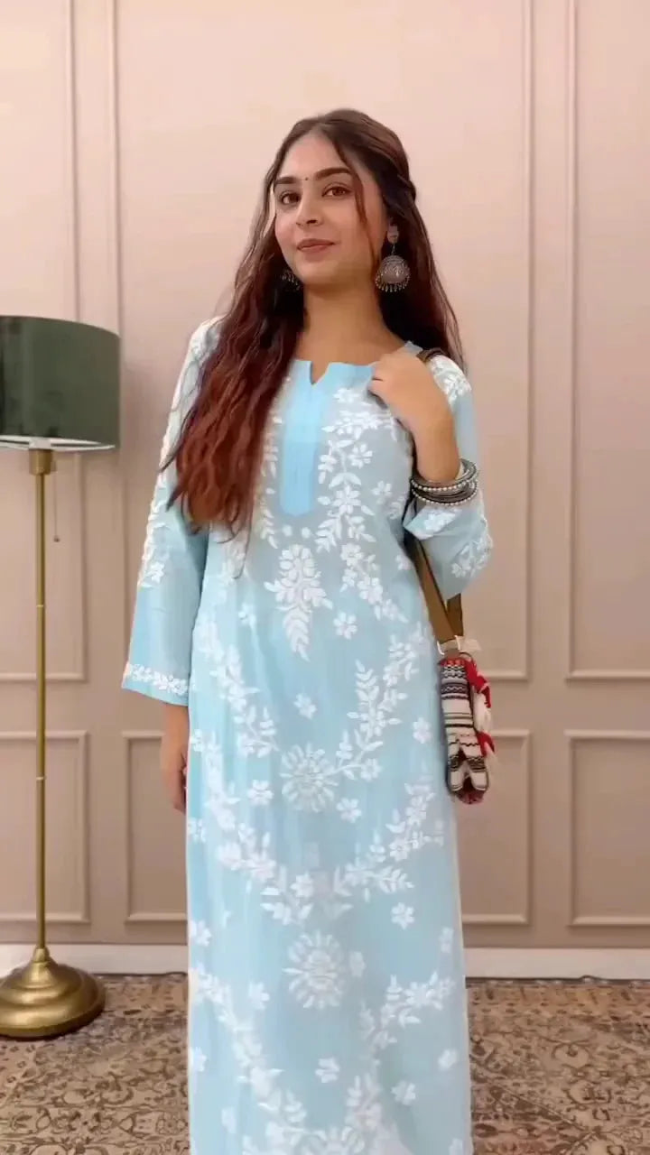 Light Blue Floral Embroidered Kurti with Bell Sleeves and Matching Accessories for a Chic Traditional Look