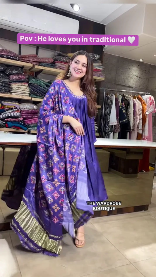 Royal Purple Traditional Anarkali Kurta Set Featuring Vibrant Multicolor Printed Dupatta, Gota Patti Border, and Flowy Silhouette – A Graceful Ethnic Ensemble for Festive Celebrations and Special Occasions