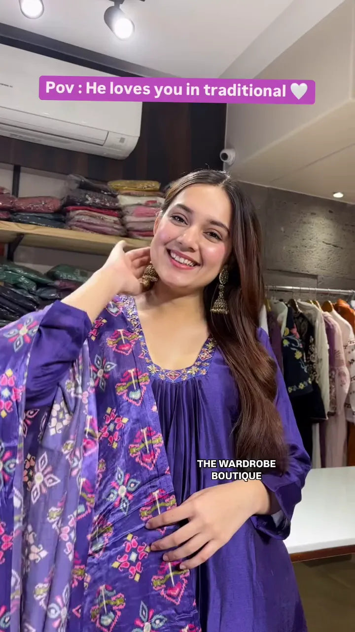 Royal Purple Traditional Anarkali Kurta Set Featuring Vibrant Multicolor Printed Dupatta, Gota Patti Border, and Flowy Silhouette – A Graceful Ethnic Ensemble for Festive Celebrations and Special Occasions