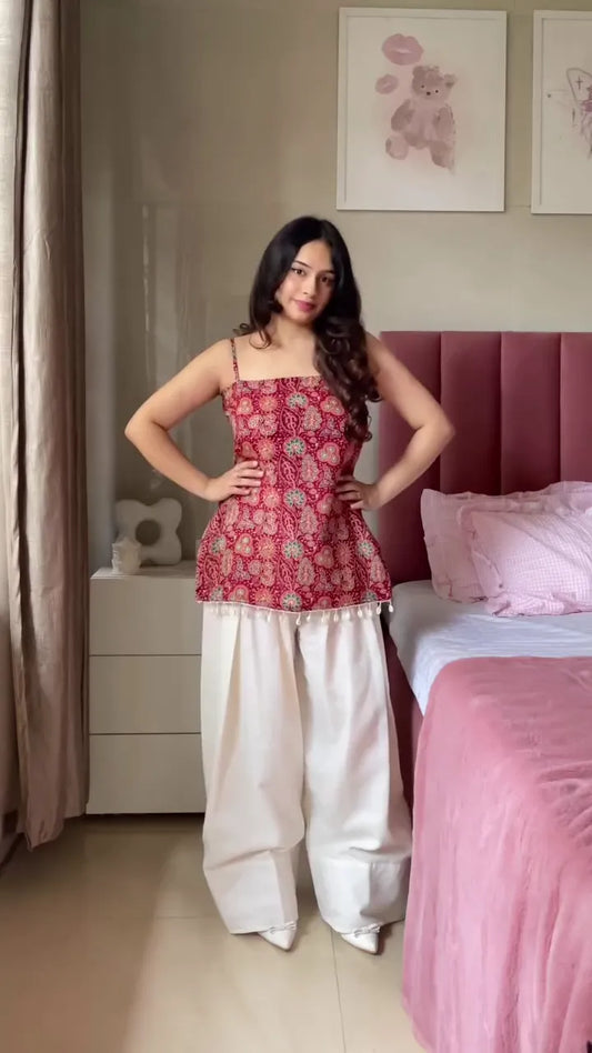 Women’s Ethnic and Casual Printed Tops Set – Red Sleeveless Peplum Kurti with Tassel Hem Paired with White Palazzo Pants & White-Blue Floral Long Sleeve Top with Tasse