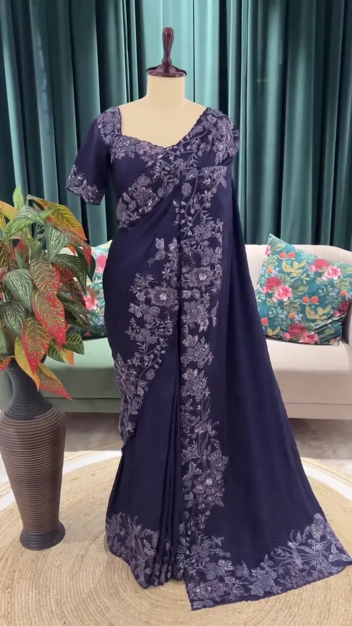 Elegant Navy Blue Saree with Intricate Silver Embroidery and Floral Detailing – Perfect for Special Occasions