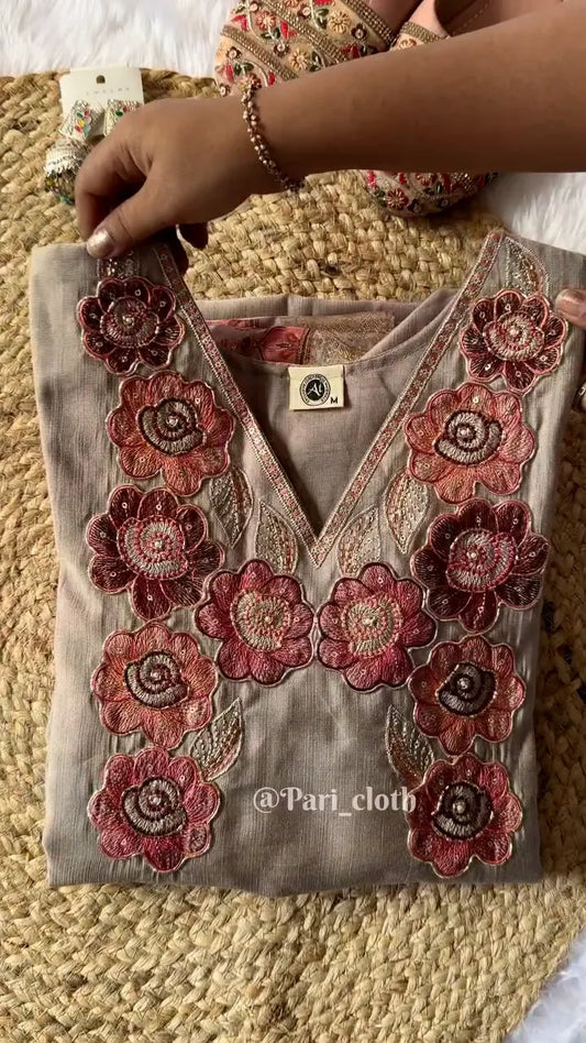 Elegant Beige Embroidered Kurti Set with Floral Detailing on the Neck and Sleeves, Paired with a Gorgeous Floral Printed Dupatta – Ideal for Festive and Formal Occasions
