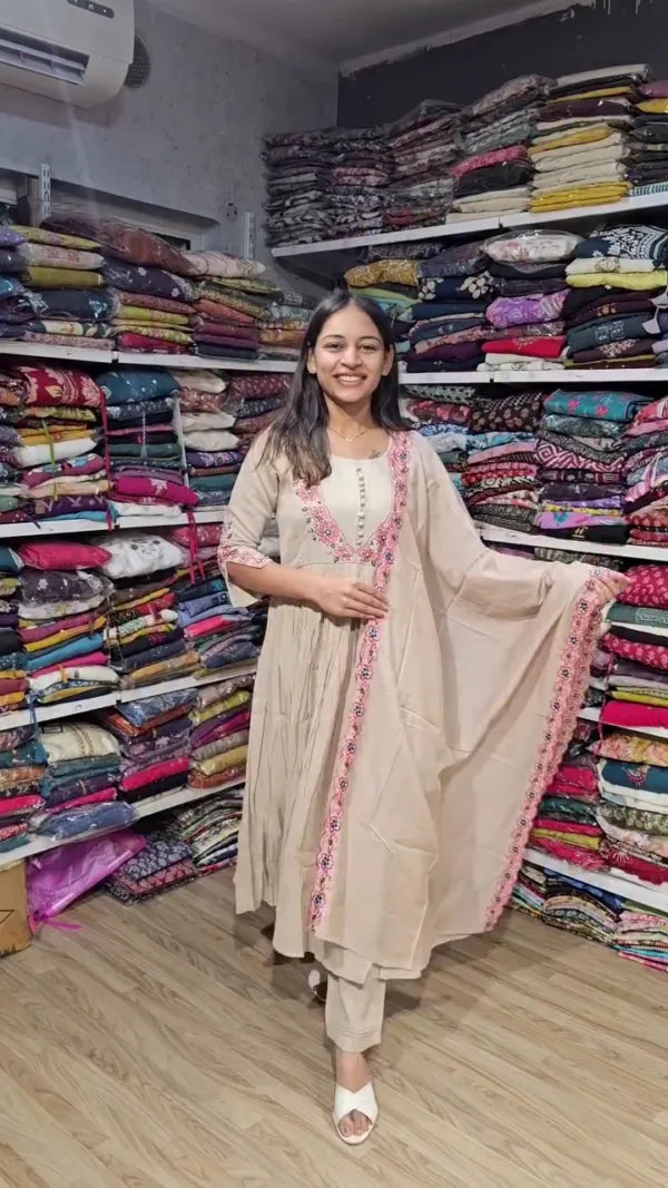 Beige Cotton Anarkali Set with Pink Floral Lace Detailing – Everyday Ethnic Wear with Matching Dupatta and Straight Pants