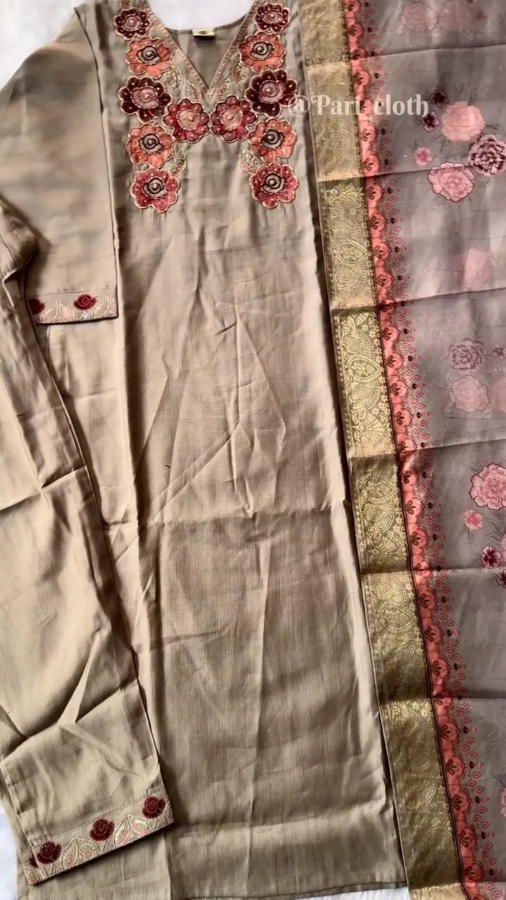 Elegant Beige Embroidered Kurti Set with Floral Detailing on the Neck and Sleeves, Paired with a Gorgeous Floral Printed Dupatta – Ideal for Festive and Formal Occasions