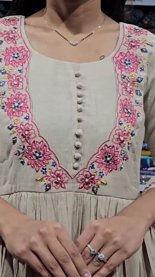 Beige Cotton Anarkali Set with Pink Floral Lace Detailing – Everyday Ethnic Wear with Matching Dupatta and Straight Pants