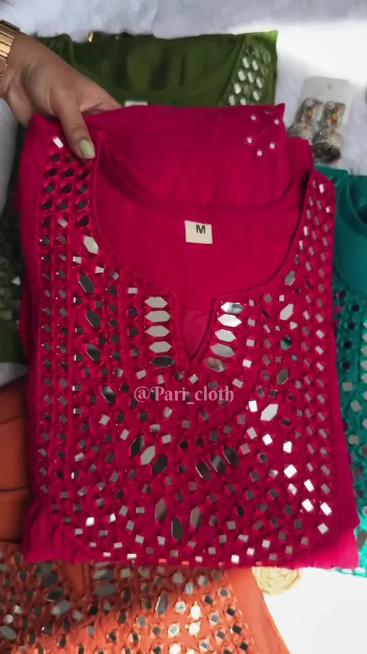 Elegant Mirrored Work Tops in Multiple Colors – Red, Green, Teal, and Orange with Chic V-Neck Design and Detailed Mirror Embellishments, Perfect for Casual and Festive Occasions