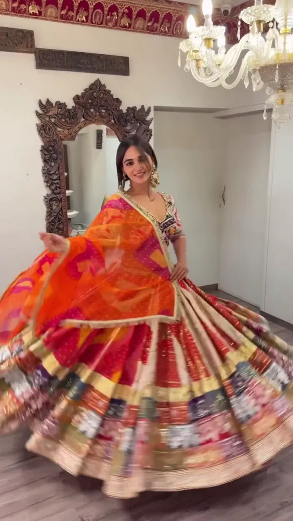 Multicolor Mirror and Thread Work Traditional Navratri Lehenga Choli Set with Heavy Flared Skirt, Embroidered Blouse, and Vibrant Bandhani Dupatta