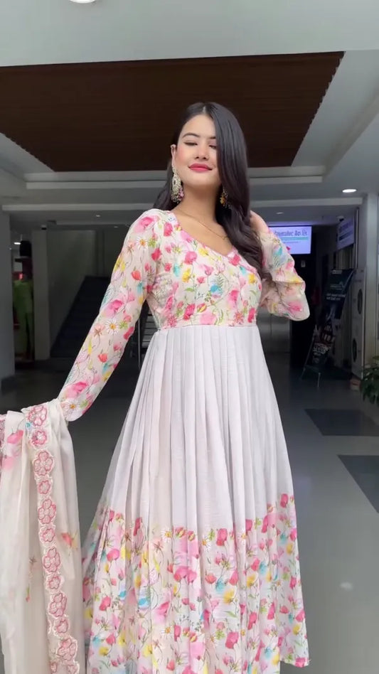 Floral Printed Anarkali Suit with Full Sleeves, Matching Dupatta, and Flared Hem – Ideal for Festive, Casual, or Traditional Occasions
