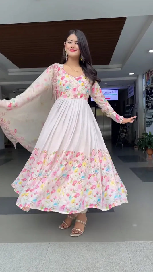 Floral Printed Anarkali Suit with Full Sleeves, Matching Dupatta, and Flared Hem – Ideal for Festive, Casual, or Traditional Occasions
