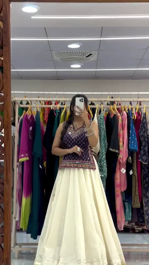 Elegant Mirror Work Crop Top with Flowy Cream Lehenga – Ideal for Festive & Wedding Celebrations