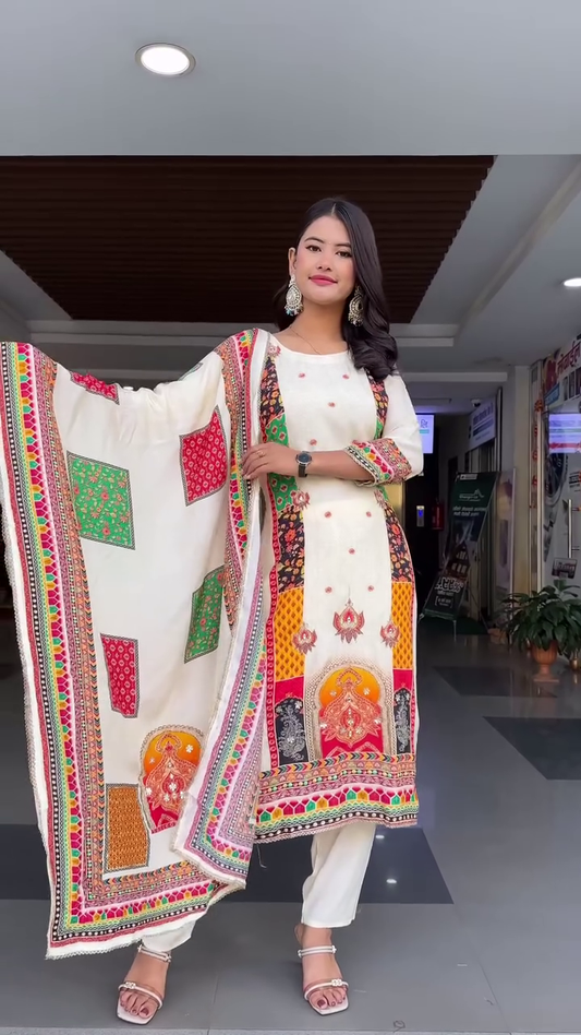 Off-White Traditional Indian Salwar Kameez Suit Set with Colorful Multicolor Embroidered Printed Dupatta and Artistic Ethnic Motifs – Perfect for Festive, Casual, or Cultural Occasions