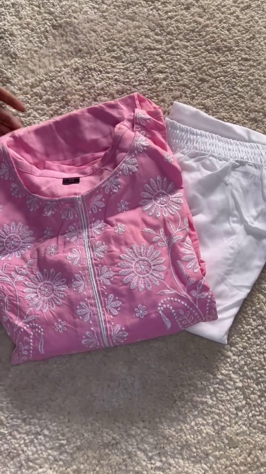 Pink Cotton Chikankari Embroidered Kurta with White Elastic Waist Straight Pant Set for Women