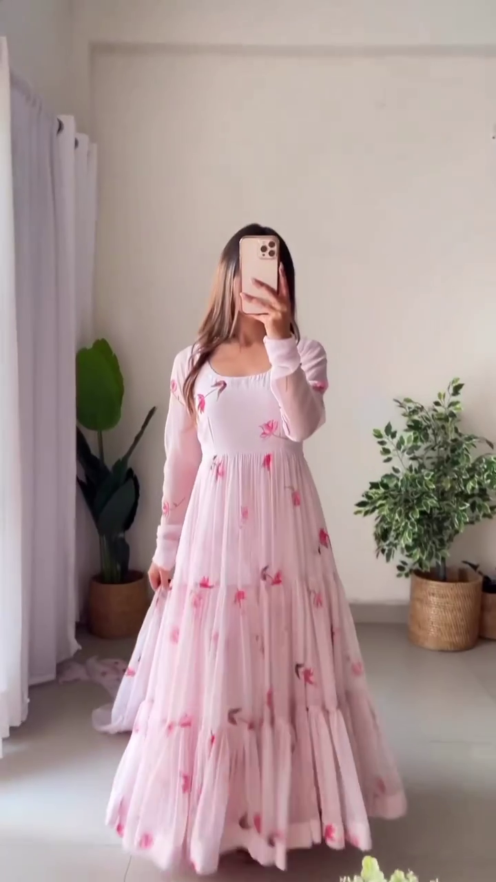 Light Pink Floral Printed Georgette Anarkali Gown with Full Sleeves, Square Neckline, Layered Flared Hem and Matching Dupatta for Festive and Ethnic Wear
