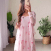 Light Pink Floral Printed Georgette Anarkali Gown with Full Sleeves, Square Neckline, Layered Flared Hem and Matching Dupatta for Festive and Ethnic Wear
