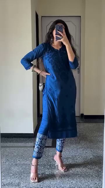 Navy Blue Ethnic Kurti Set with Subtle Embroidery and Printed Leggings Paired