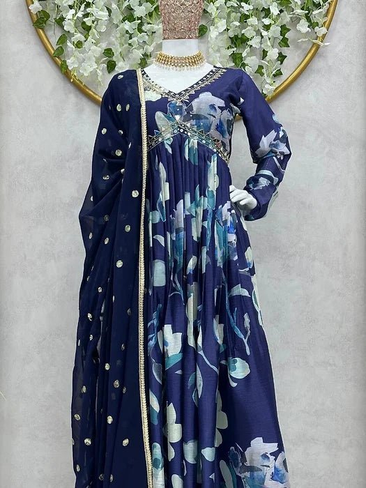 Blue Aliya Cut Dress With Real Mirror Work - Image 2