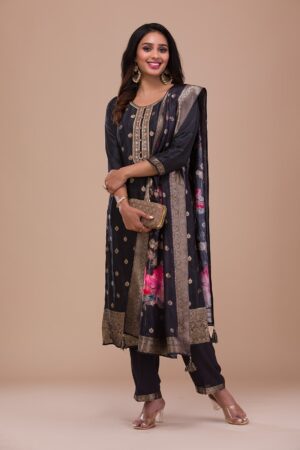 Black Zariwork Art Silk Readymade Salwar Suit