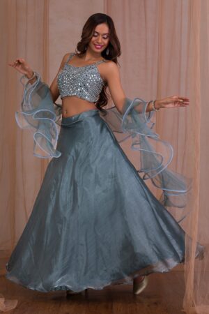 Grey Mirrorwork Tissue Readymade Lehenga